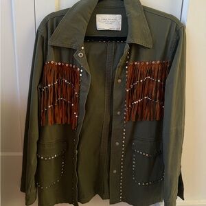Zara Olive Green Utility Jacket with Brown Fringe & Studs